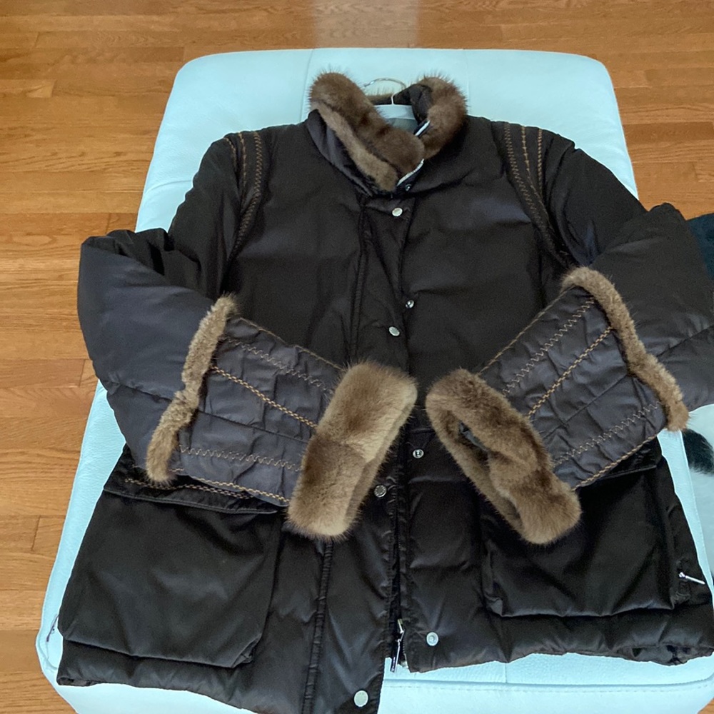 Brown Down Jacket with mink trim